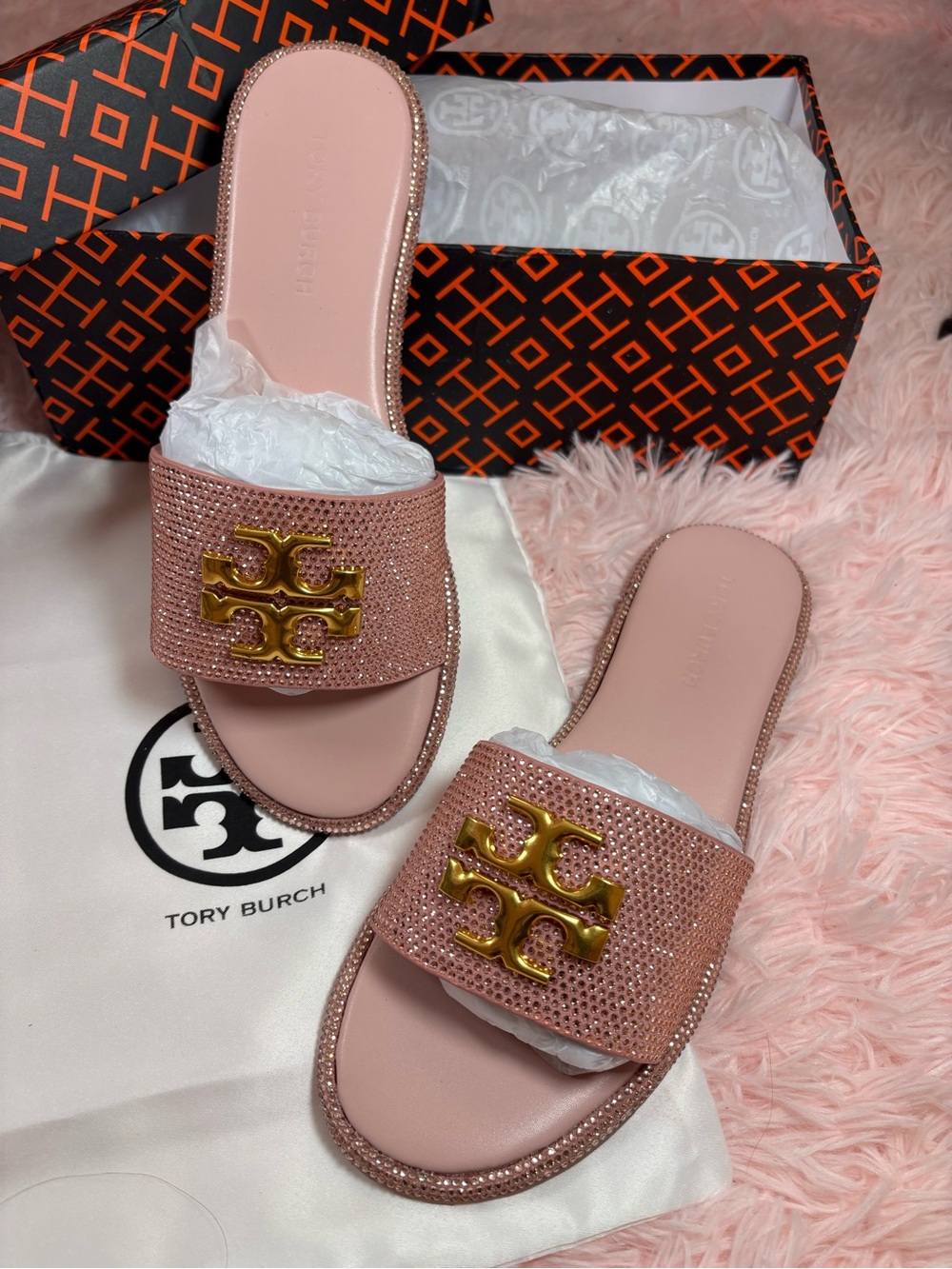 Tory Burch Blush Pink Crystal Logo Slide Sandals